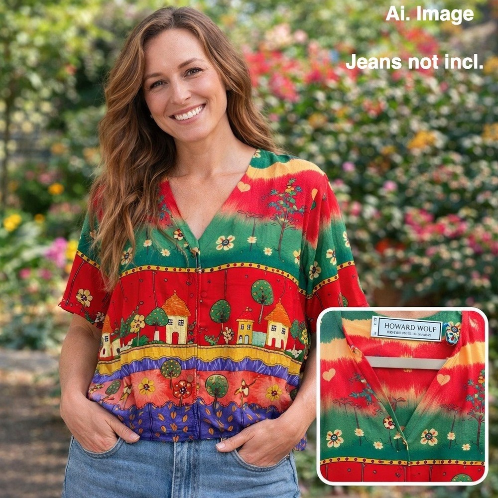 Howard Wolf Vintage 90s Rayon Village Landscape Button Front Blouse Red Size 10